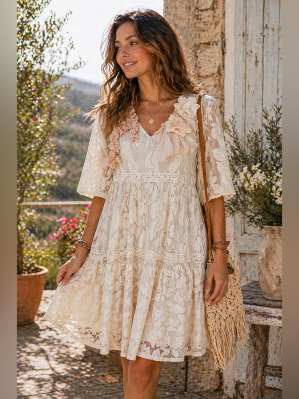 Pretty Angel Ivory Cream Lace Babydoll Pullover Dress Size Small